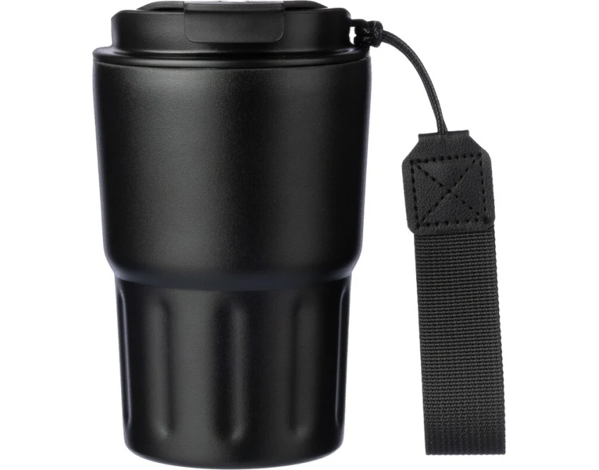 Czarny kubek termiczny 320 ml z paskiem i grawerem
