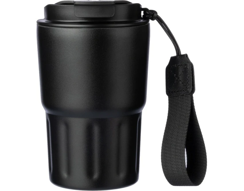 Czarny kubek termiczny 320 ml z paskiem i grawerem