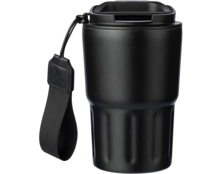 Czarny kubek termiczny 320 ml z paskiem i grawerem