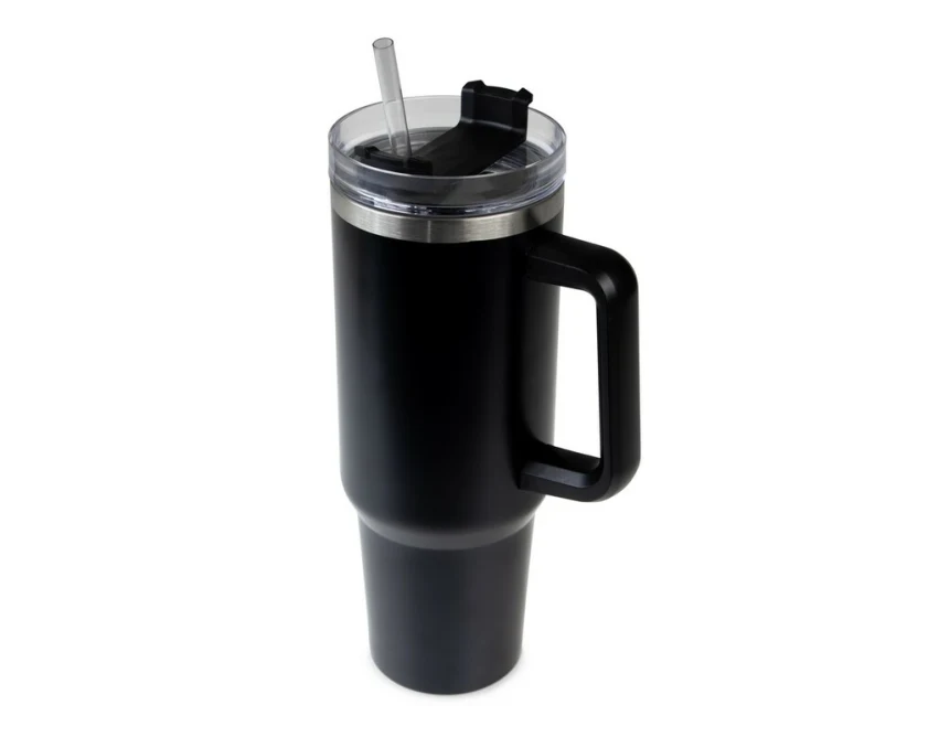 Czarny kubek termiczny 1200 ml ze słomką i uchwytem