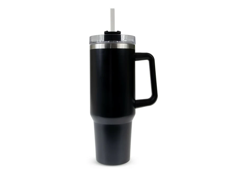 Czarny kubek termiczny 1200 ml ze słomką i uchwytem