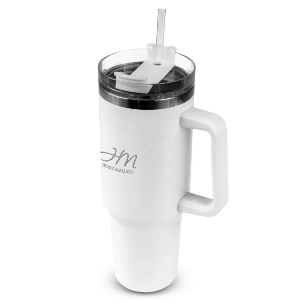 Biały kubek termiczny 1200 ml ze słomką i własnym logo