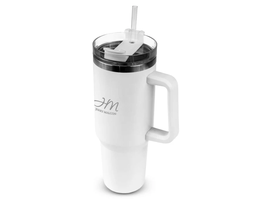 Biały kubek termiczny 1200 ml ze słomką i własnym logo