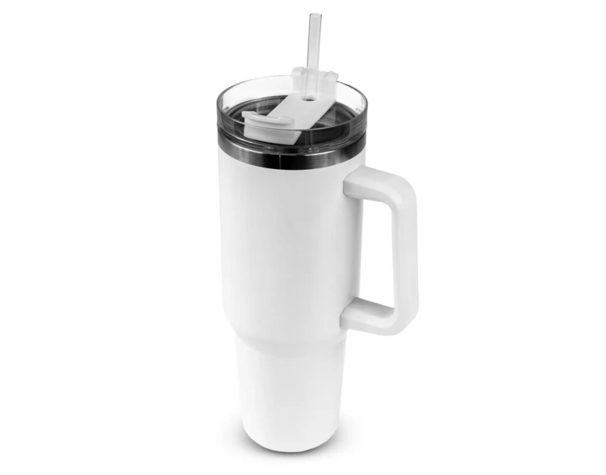 Biały kubek termiczny 1200 ml ze słomką i własnym logo
