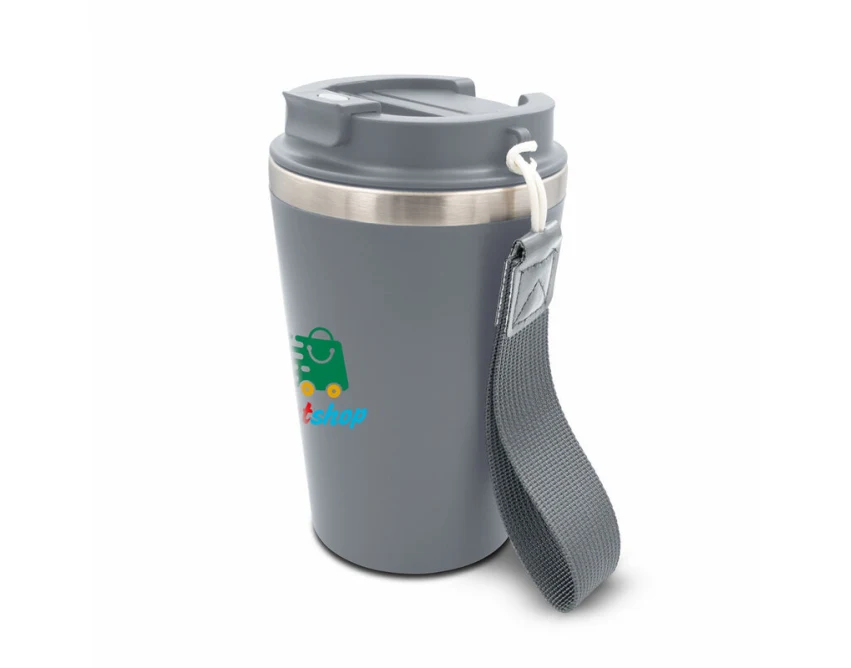 Szary kubek termiczny 350 ml z własnym nadrukiem, pasek