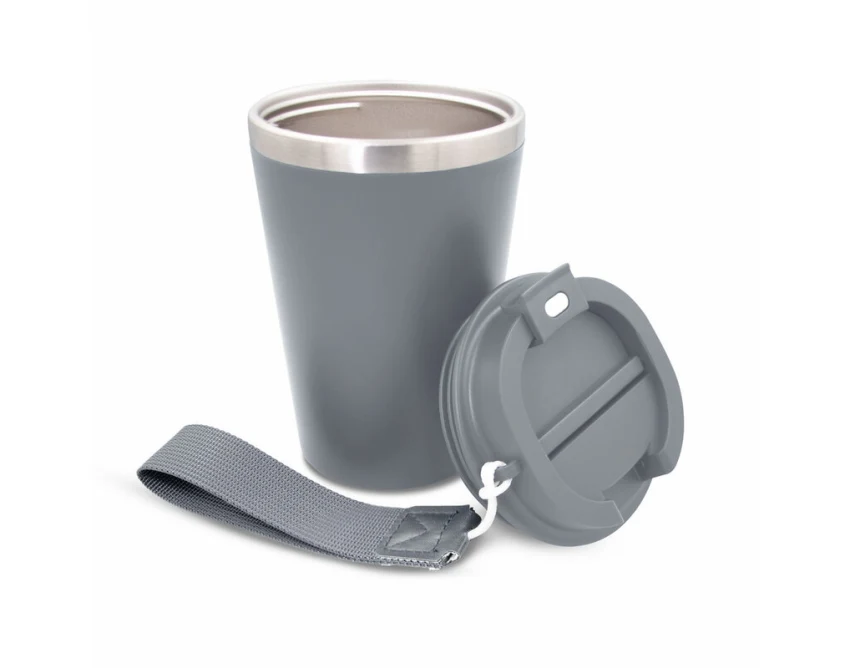 Szary kubek termiczny 350 ml z własnym nadrukiem, pasek