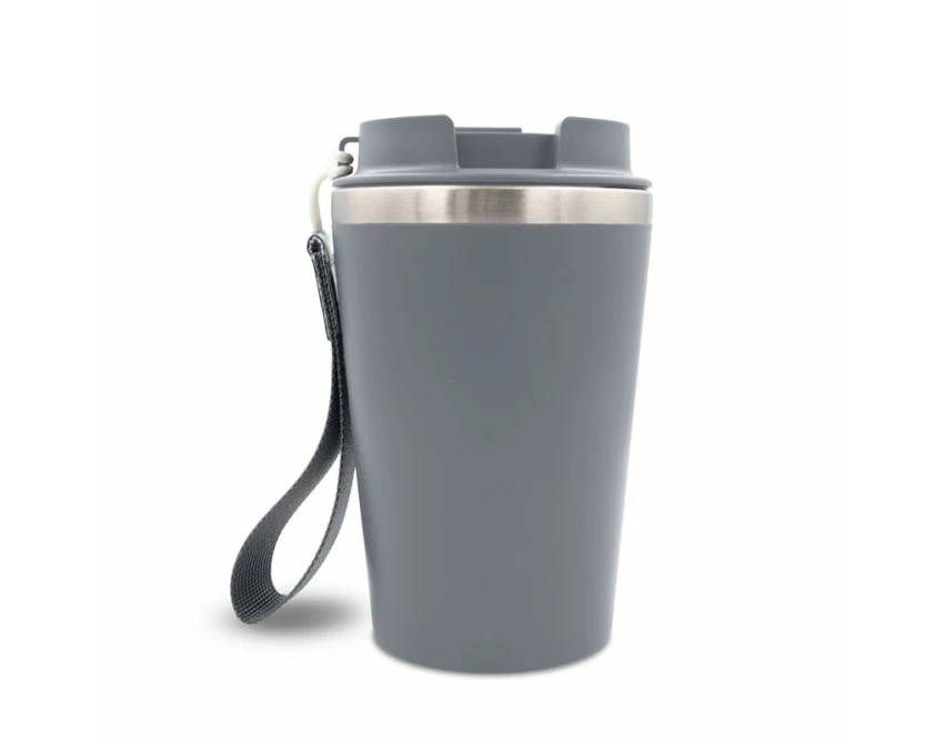 Szary kubek termiczny 350 ml z własnym nadrukiem, pasek