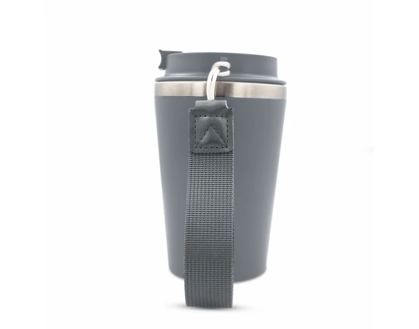 Szary kubek termiczny 350 ml z własnym nadrukiem, pasek