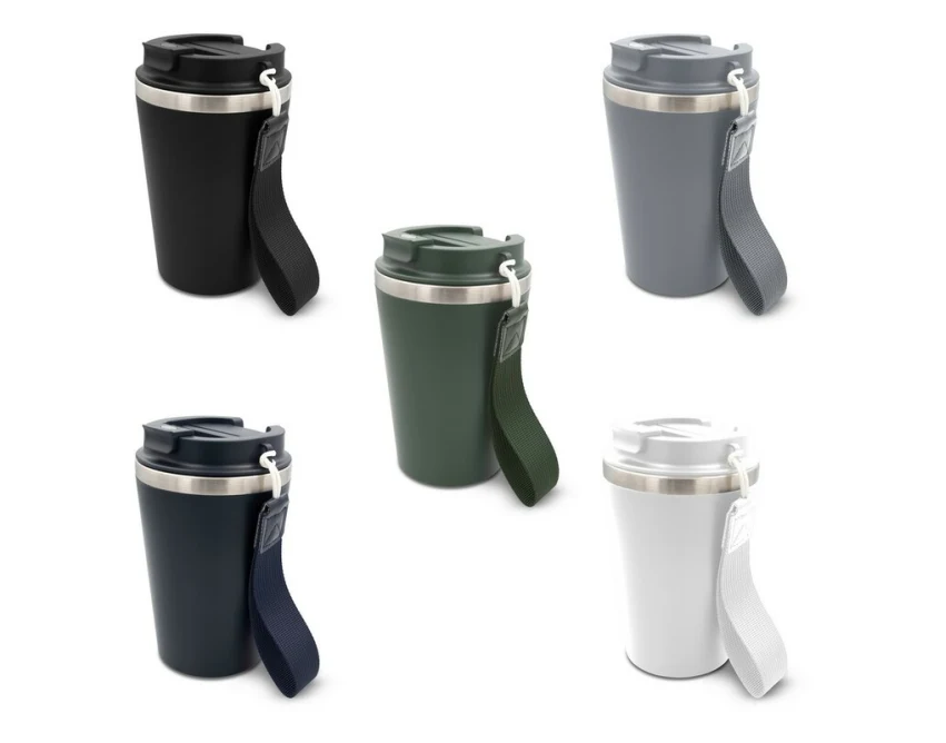 Szary kubek termiczny 350 ml z własnym nadrukiem, pasek