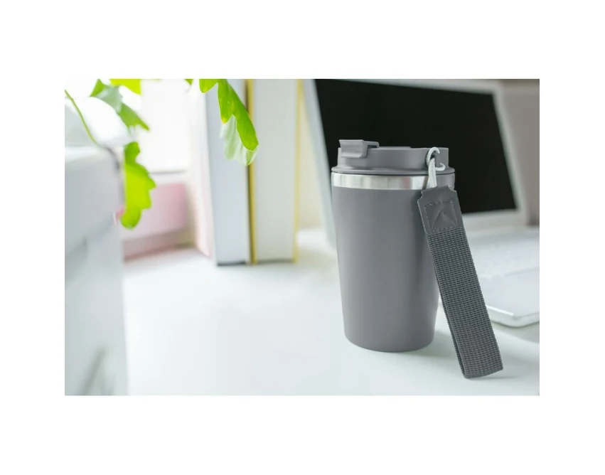 Szary kubek termiczny 350 ml z własnym nadrukiem, pasek