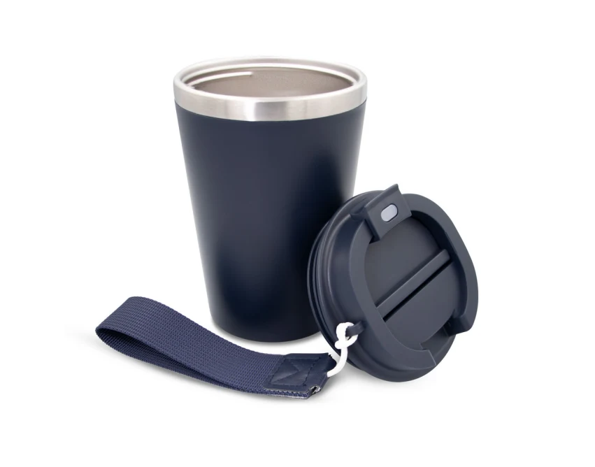Granatowy kubek termiczny 350 ml z logo firmy, mat, pasek