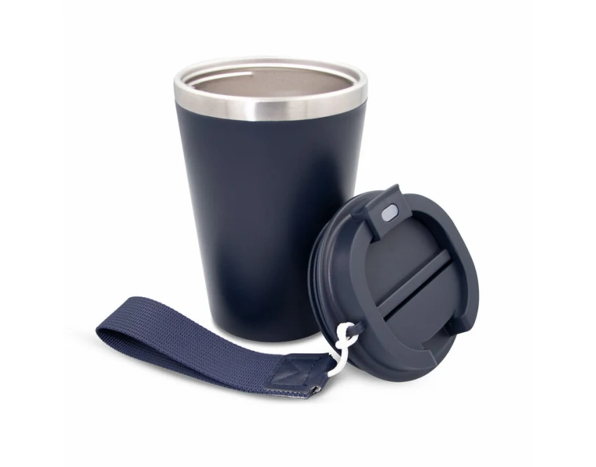 Granatowy kubek termiczny 350 ml z logo firmy, mat, pasek