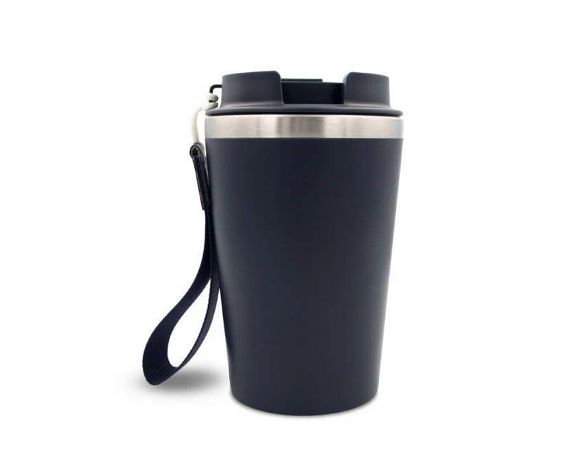 Granatowy kubek termiczny 350 ml z logo firmy, mat, pasek