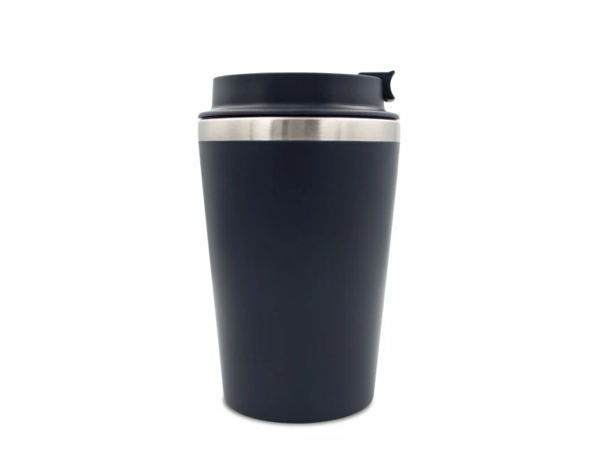 Granatowy kubek termiczny 350 ml z logo firmy, mat, pasek
