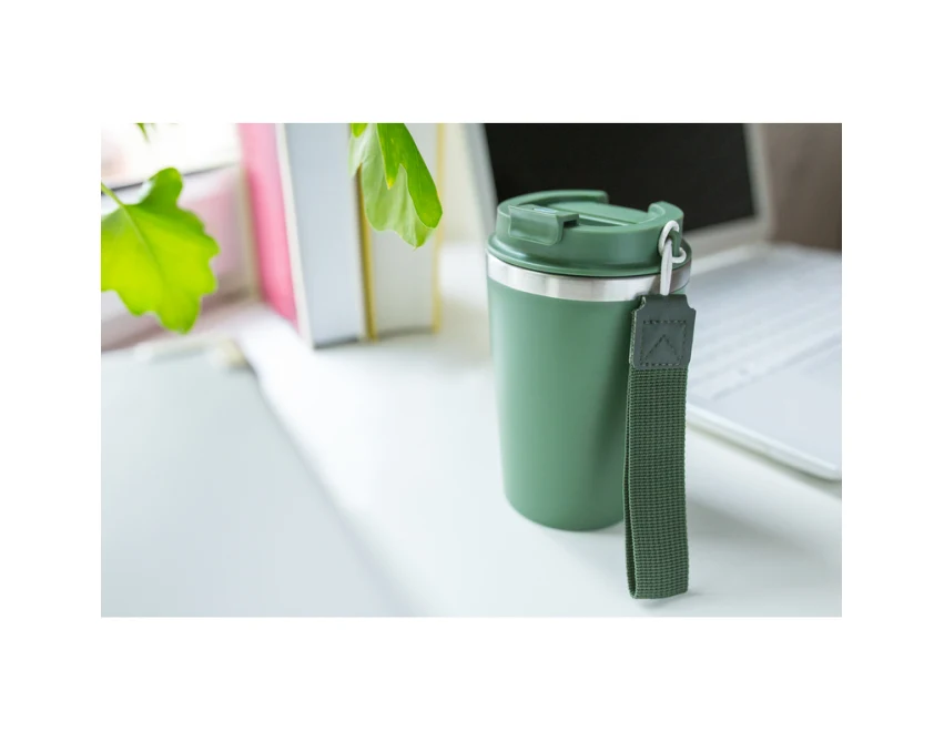 Granatowy kubek termiczny 350 ml z logo firmy, mat, pasek