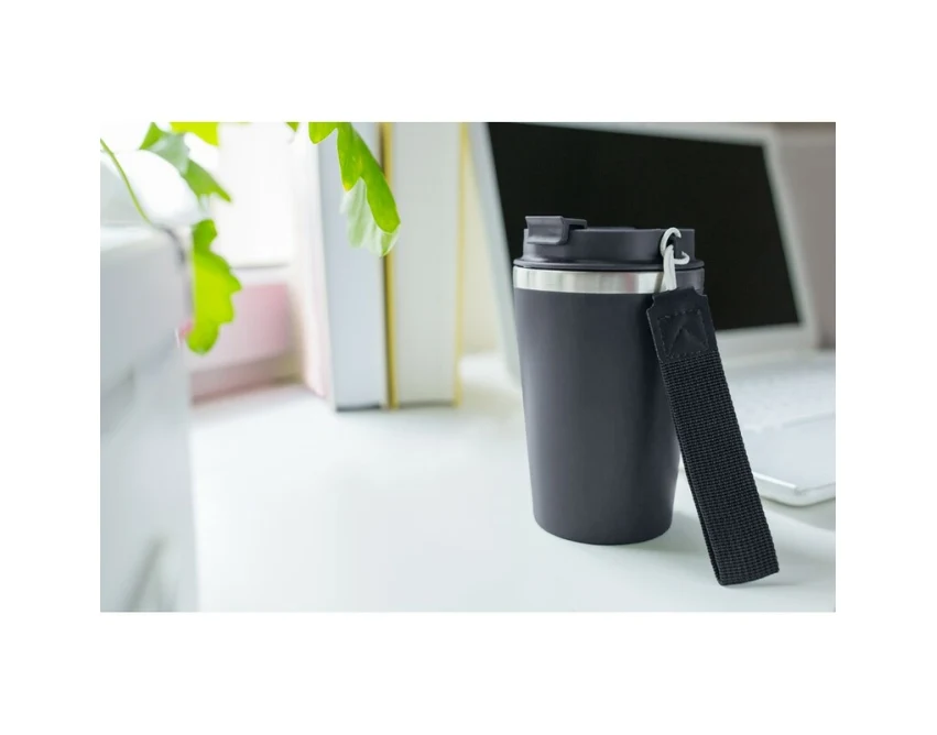 Granatowy kubek termiczny 350 ml z logo firmy, mat, pasek