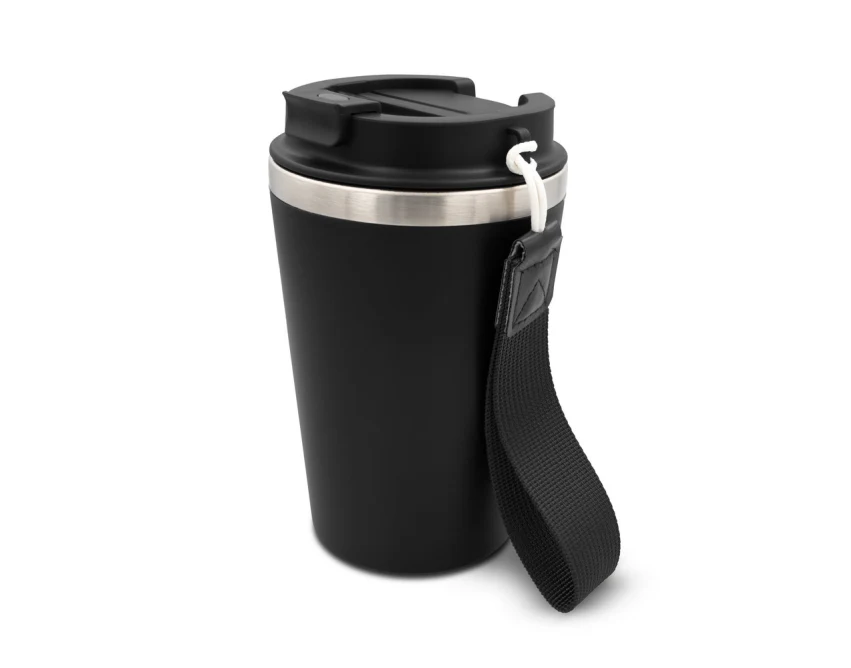 Czarny kubek termiczny 350 ml z logo, leakproof, pasek
