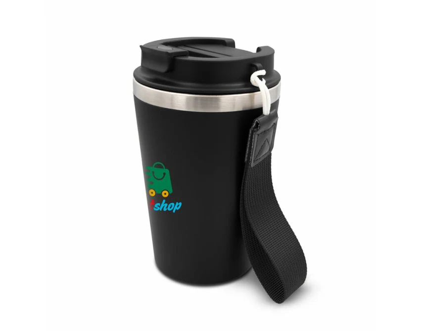 Czarny kubek termiczny 350 ml z logo, leakproof, pasek