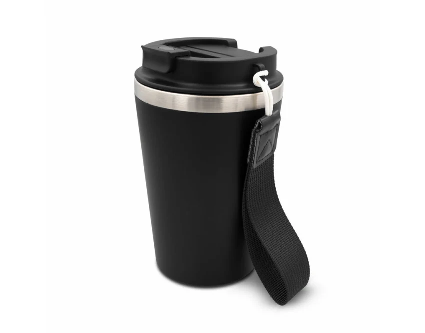 Czarny kubek termiczny 350 ml z logo, leakproof, pasek