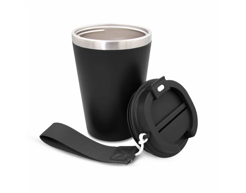 Czarny kubek termiczny 350 ml z logo, leakproof, pasek