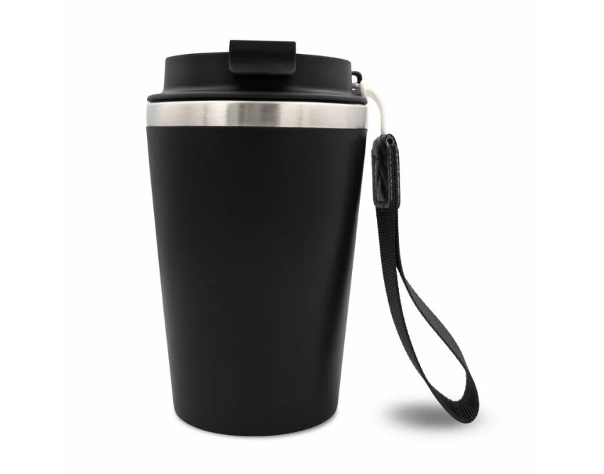 Czarny kubek termiczny 350 ml z logo, leakproof, pasek