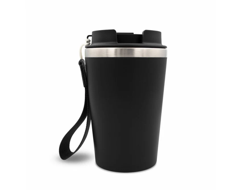 Czarny kubek termiczny 350 ml z logo, leakproof, pasek