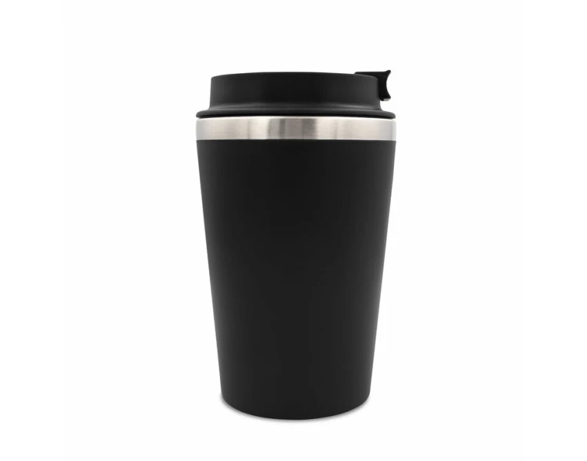 Czarny kubek termiczny 350 ml z logo, leakproof, pasek