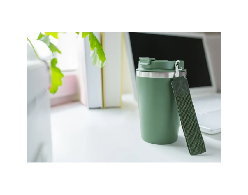 Czarny kubek termiczny 350 ml z logo, leakproof, pasek