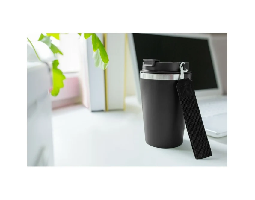 Czarny kubek termiczny 350 ml z logo, leakproof, pasek