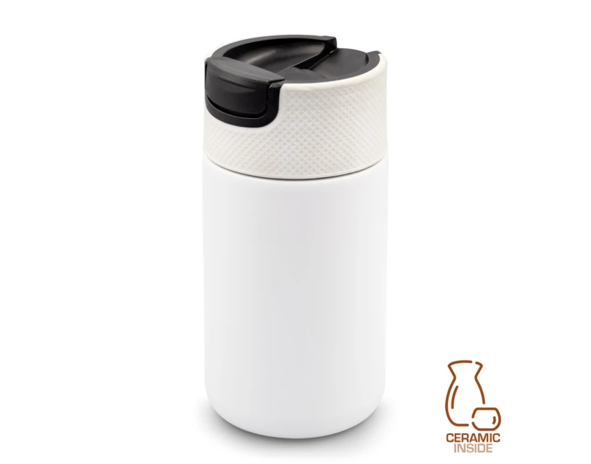 Biały kubek termiczny Nabila 400 ml z ceramicznym wnętrzem
