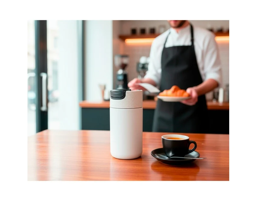 Biały kubek termiczny Nabila 400 ml z ceramicznym wnętrzem