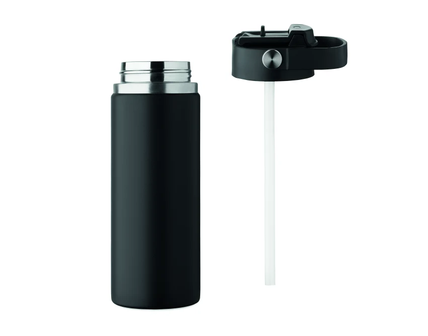 Czarny kubek termiczny 500 ml ze słomką i uchwytem