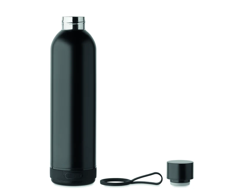 Czarna butelka termiczna 500 ml z głośnikiem bluetooth