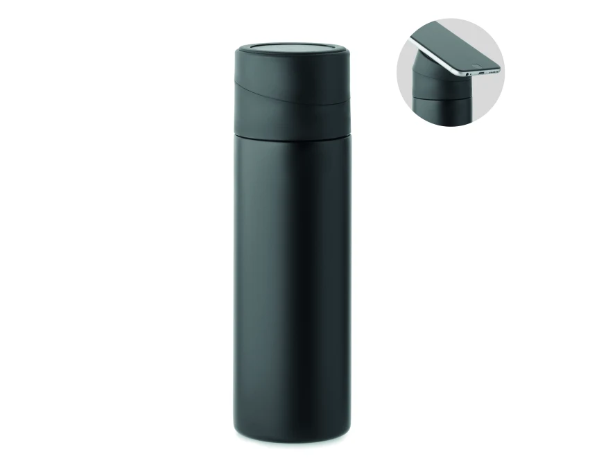 Czarna butelka termiczna 420ml z uchwytem na telefon i logo