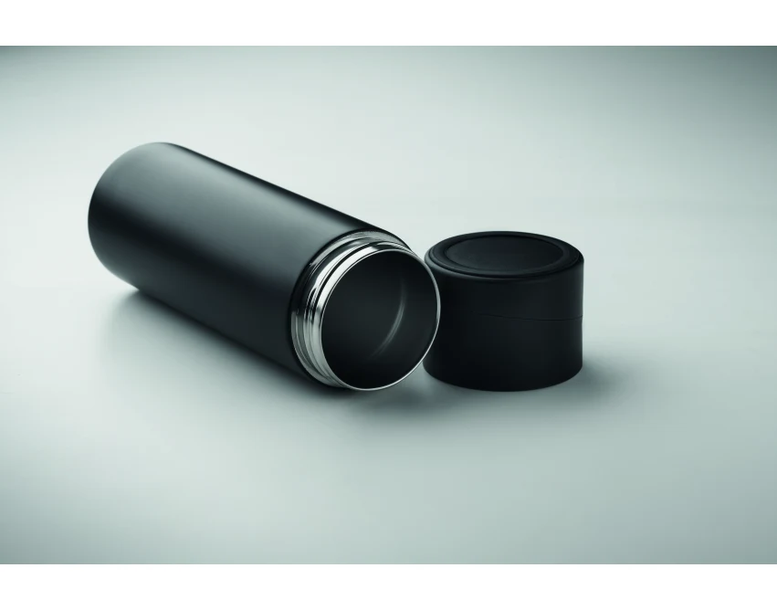 Czarna butelka termiczna 420ml z uchwytem na telefon i logo