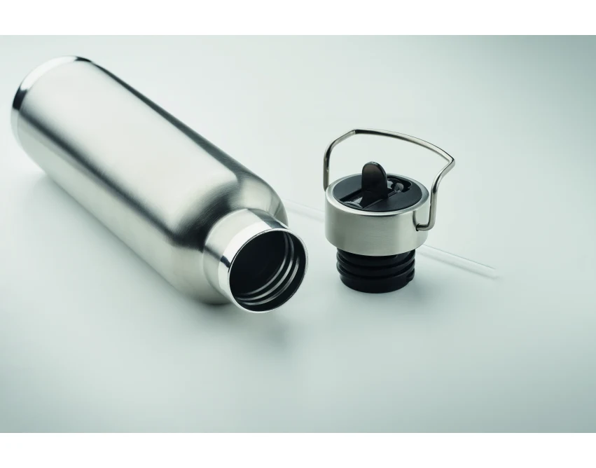 Srebrna matowa butelka termiczna 660 ml ze słomką i logo