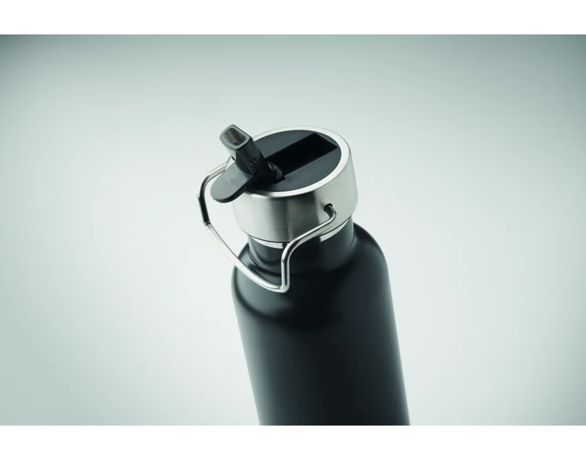 Czarna butelka termiczna 660 ml Riflow z logo i słomką