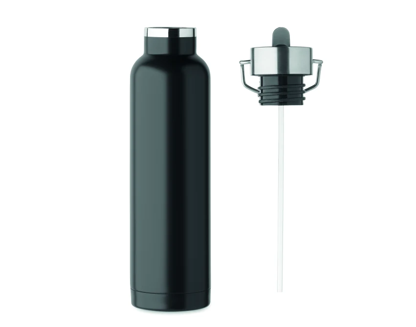 Czarna butelka termiczna 660 ml Riflow z logo i słomką