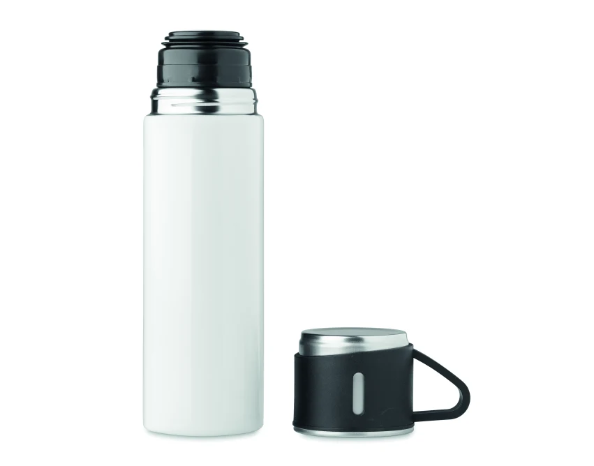 Biała butelka termiczna 420 ml z kubkiem i logo firmy
