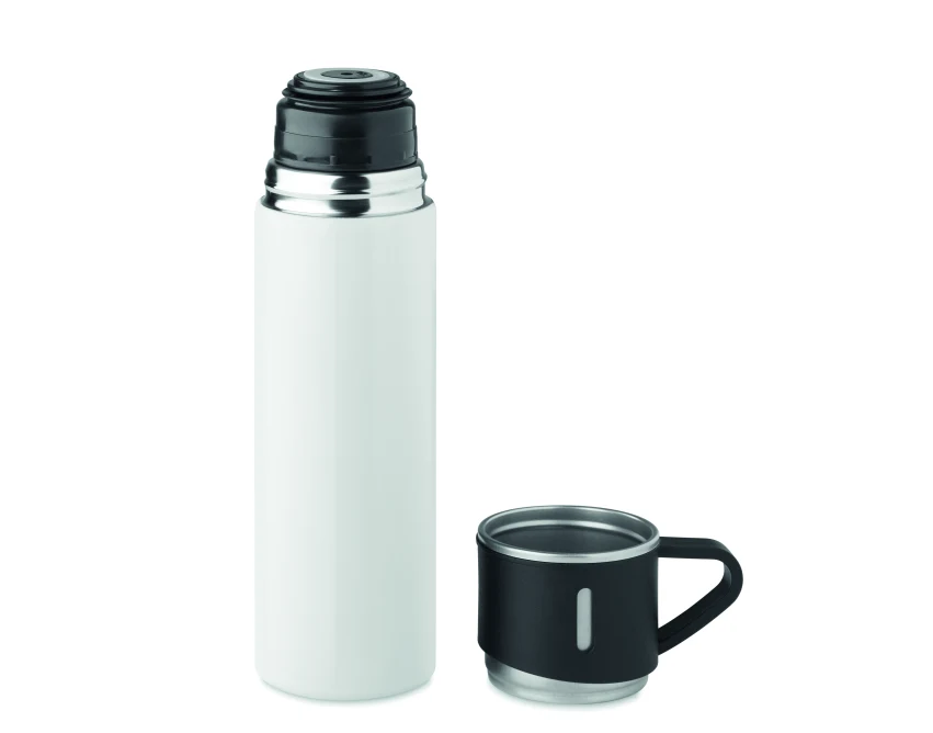 Biała butelka termiczna 420 ml z kubkiem i logo firmy