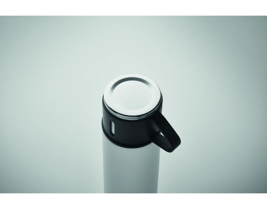 Biała butelka termiczna 420 ml z kubkiem i logo firmy