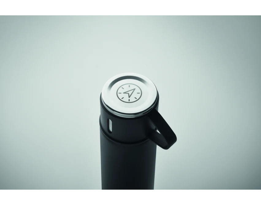 Czarny termos 420 ml z logo – matowy stal nierdzewna