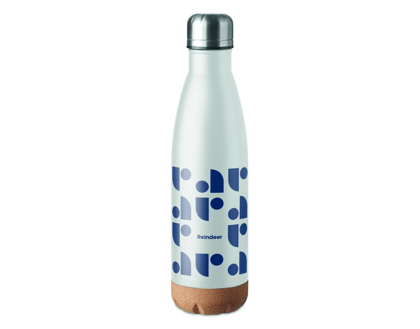 Biała butelka termiczna 500 ml z korkiem i logo firmy