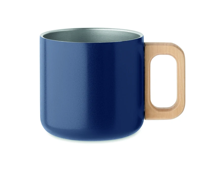 Kubek metalowy granatowy 350ml z logo i drewnianym uchem