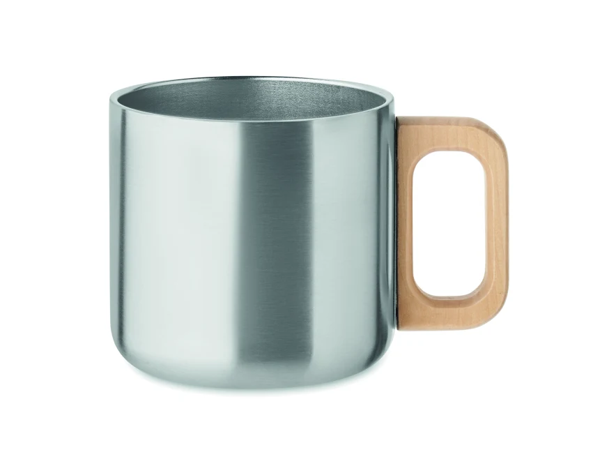 Kubek dwuścienny Acero 350 ml srebrny mat z drewnem