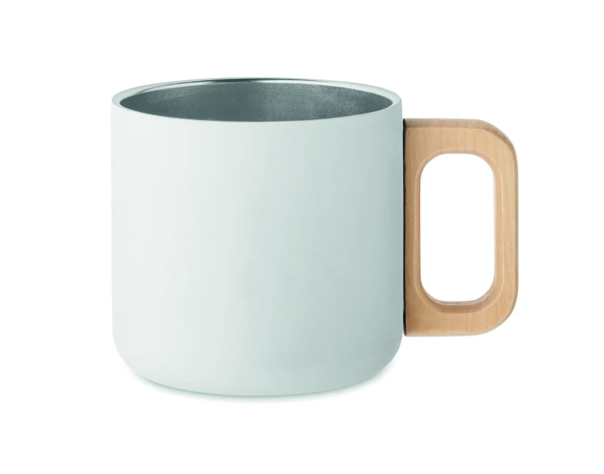 Biały kubek reklamowy 350 ml z recyklingu, drewniana rączka