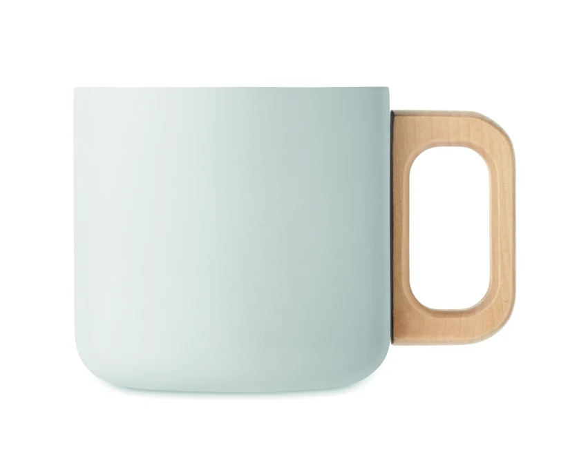 Biały kubek reklamowy 350 ml z recyklingu, drewniana rączka