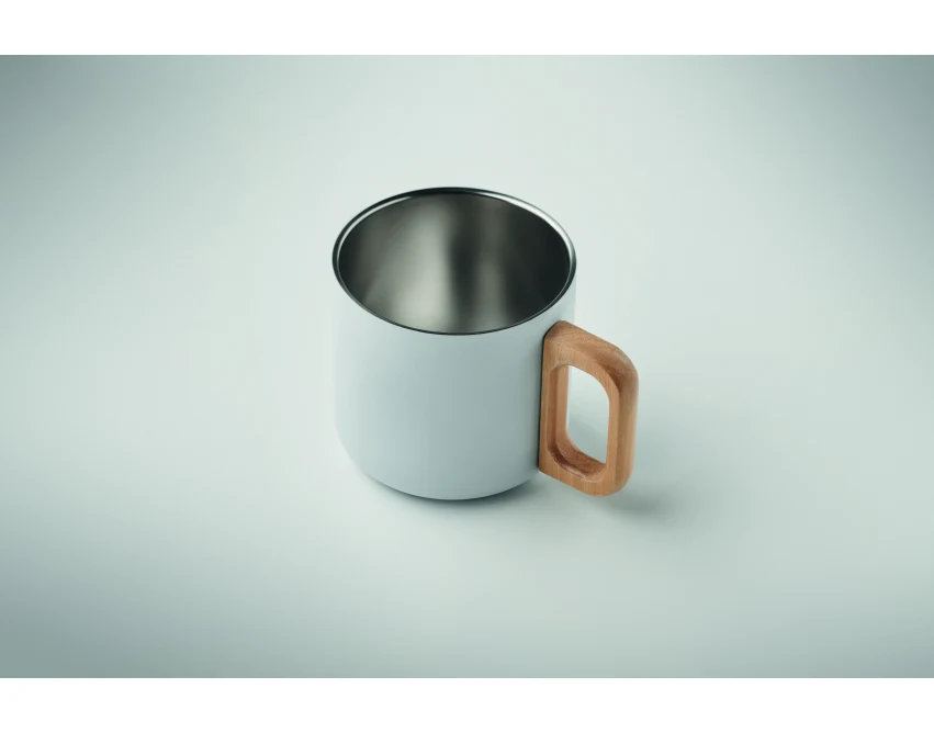 Biały kubek reklamowy 350 ml z recyklingu, drewniana rączka