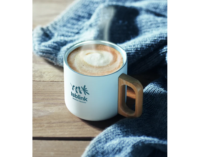 Biały kubek reklamowy 350 ml z recyklingu, drewniana rączka