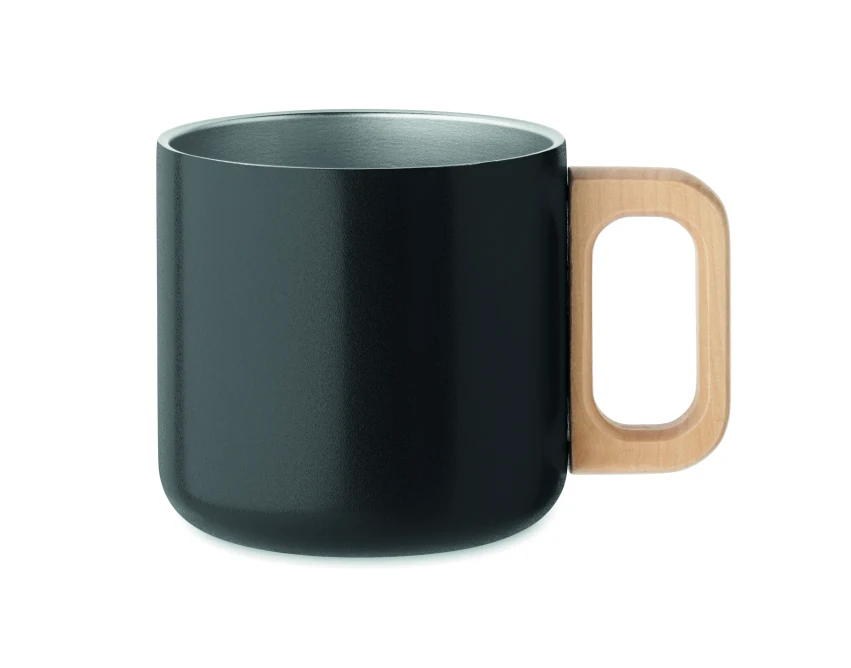 Czarny kubek metalowy 350 ml z drewnianym uchwytem z logo